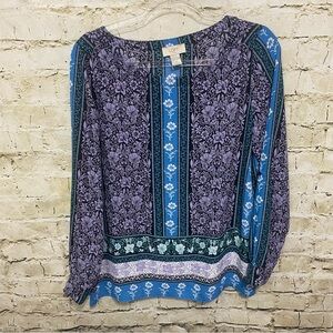 LOFT Blue Purple Floral Print Long Sleeve Blouse